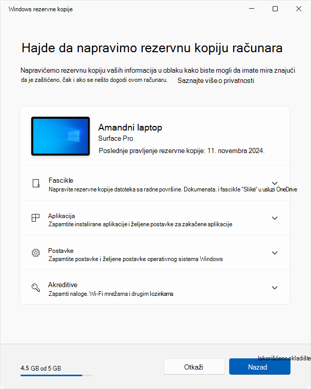 Snimak ekrana Windows rezervne kopije u Windows 10.