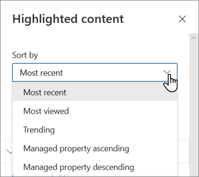 The Sort By options for the Highlighted Content web part in the modern SharePoint experience