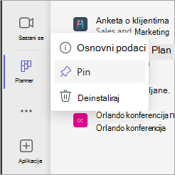 Kačenje aplikacije Planner u usluzi Teams pomoću ikone "Zakači"