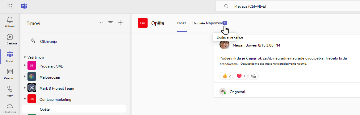 Dodavanje SharePoint kartice u Teams.