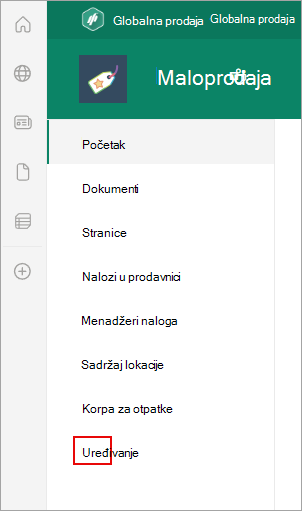 Snimak ekrana koji prikazuje lokaciju komande "Uredi" na SharePoint stranici.