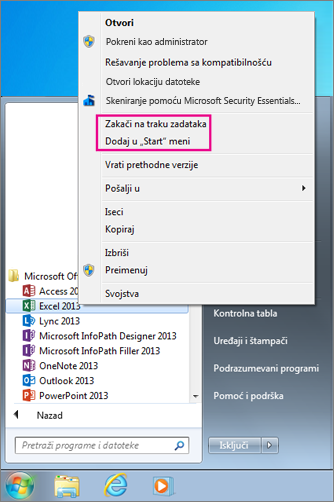 Pin Office app to Start menu or taskbar in Windows 7