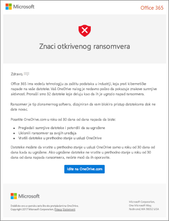 Snimak ekrana e-poruke otkrivanja ransomvera od korporacije Microsoft