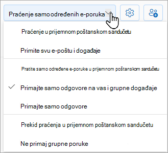 Padajuća lista prikazuje sledeće opcije: pratite u prijemnom poštanskom sandučetu, pratite samo određene e-poruke u prijemnom poštanskom sandučetu ili zaustavite praćenje u prijemnom poštanskom sandučetu.