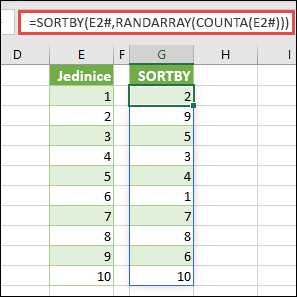 Koristite SORTBY uz funkcije RANDARRAY i COUNTA. U ovom slučaju, E2 # upućuje na ceo opseg koji počinje u ćeliji E2, kao da je popunjena pomoću = SEQUENCE(10). Znak # se naziva operator prelivenog opsega.