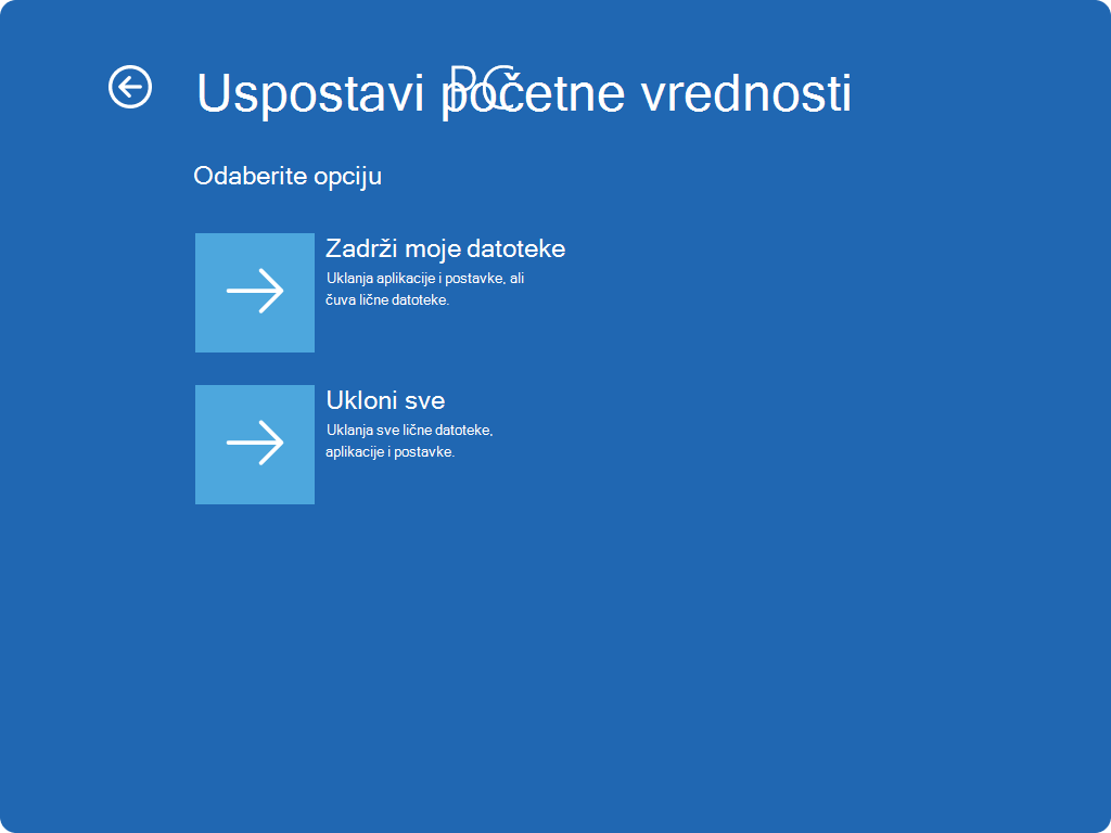 Snimak ekrana za uspostavljanje početnih vrednosti ekrana u funkciji WinRE.