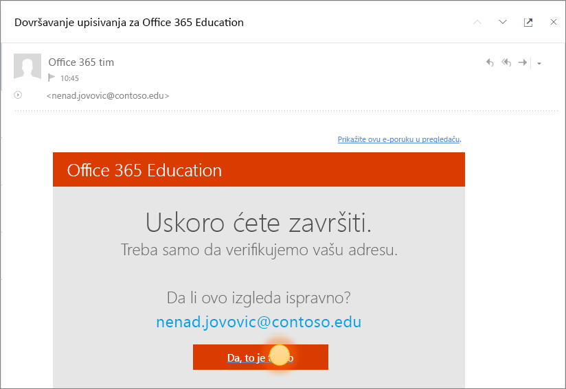 Snimak poslednjeg ekrana za verifikaciju prilikom prijavljivanja u Office 365.
