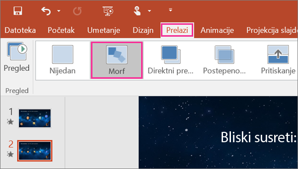 Prikazuje prelaz „Morf“ u meniju „Prelazi“ u programu PowerPoint 2016