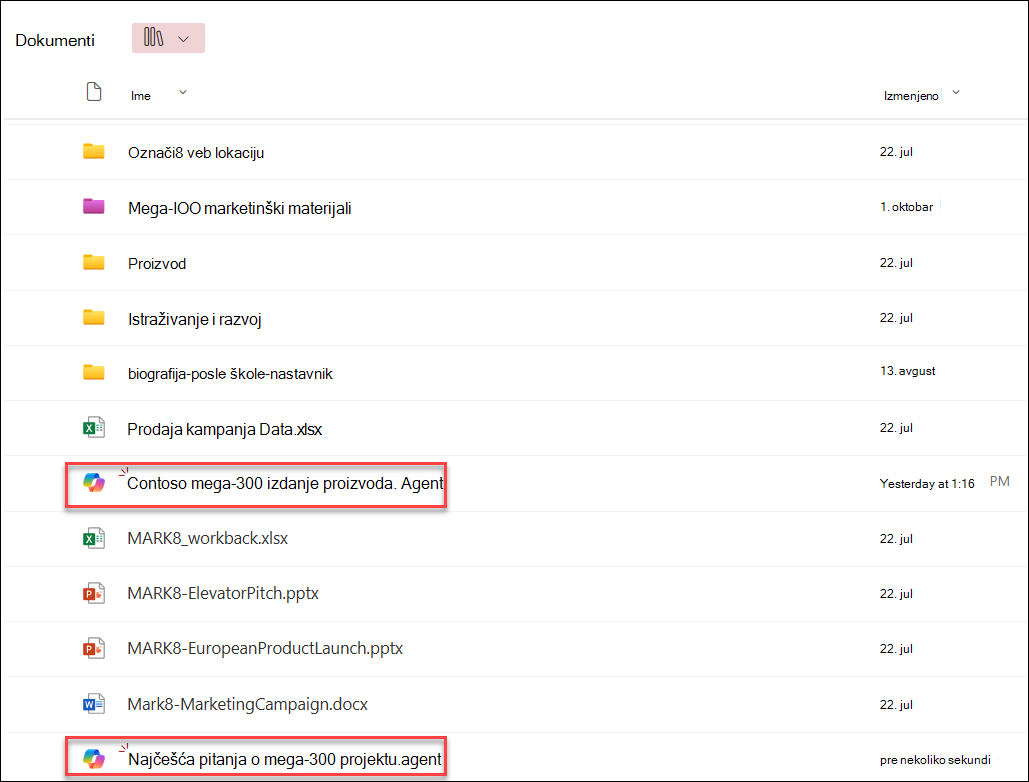 snimak ekrana Copilot agenata sačuvanih u trenutnoj fascikli biblioteke dokumenata