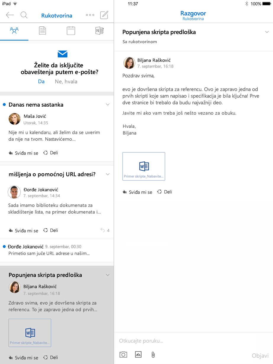 Prikaz razgovora u programu Outlook grupe za iPad