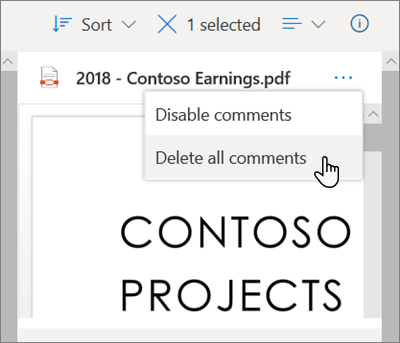Okno "Detalji OneDrive" sa izabranom opcijom "Izbriši sve komentare" iz padajućeg menija