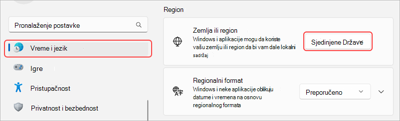 Regionalne postavke na Windows uređaju.