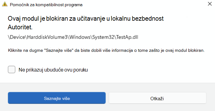 Upozorenje se pokreće kada LSA zaštita blokira učitavanje datoteke.