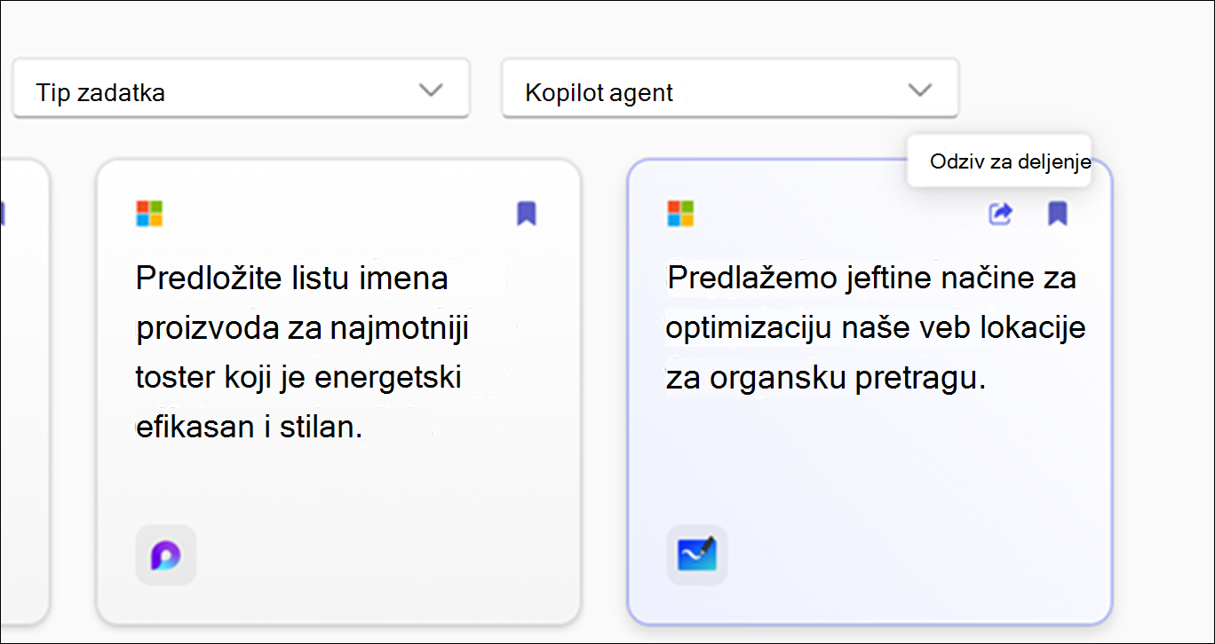 Odzivi biste isprobali stranicu koja prikazuje dostupne odzive sa opcijama filtera kao što su Aplikacija, zadatak i tip zadatka.