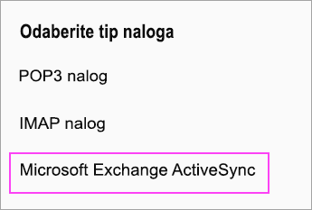 Izaberite stavku „Microsoft Exchange ActiveSync“