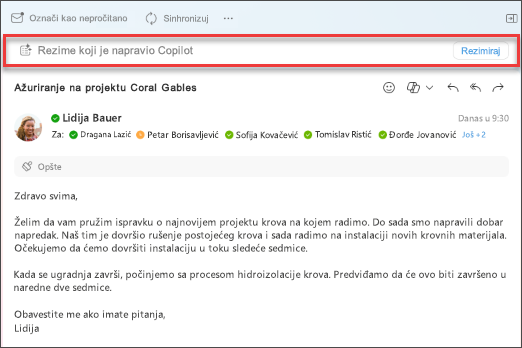 Izaberite rezime za funkciju Copilot da biste kreirali rezime niti e-pošte.