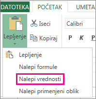 Komanda „Nalepi“ koja prikazuje stavku „Nalepi vrednosti“ u programu Excel Web App