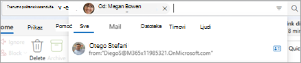 Unesite tekst u traku za pretragu da biste otkrili predloge opsega pretrage, kao što su Sve, Pošta, Datoteke, Teams i Osobe.