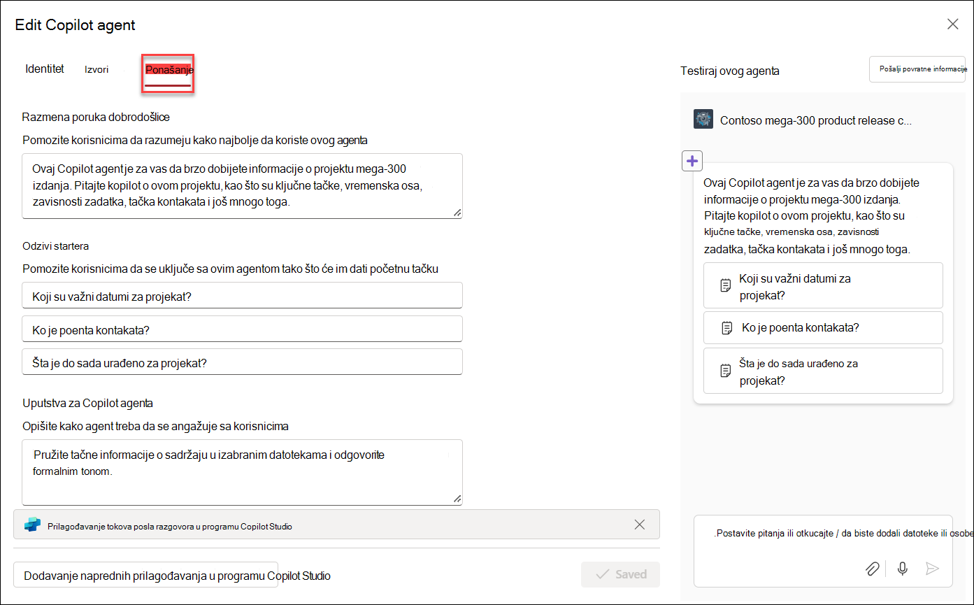 snimak ekrana uređivanja ponašanja Copilot agenta