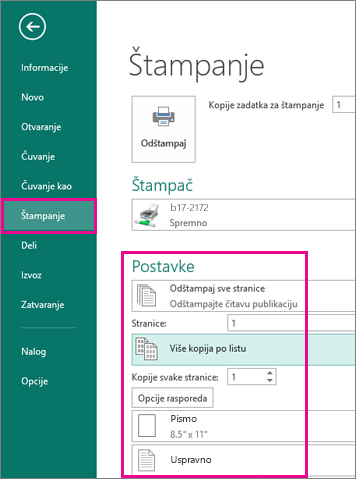 Click File, Print, to view settings for printing in Publisher 2013