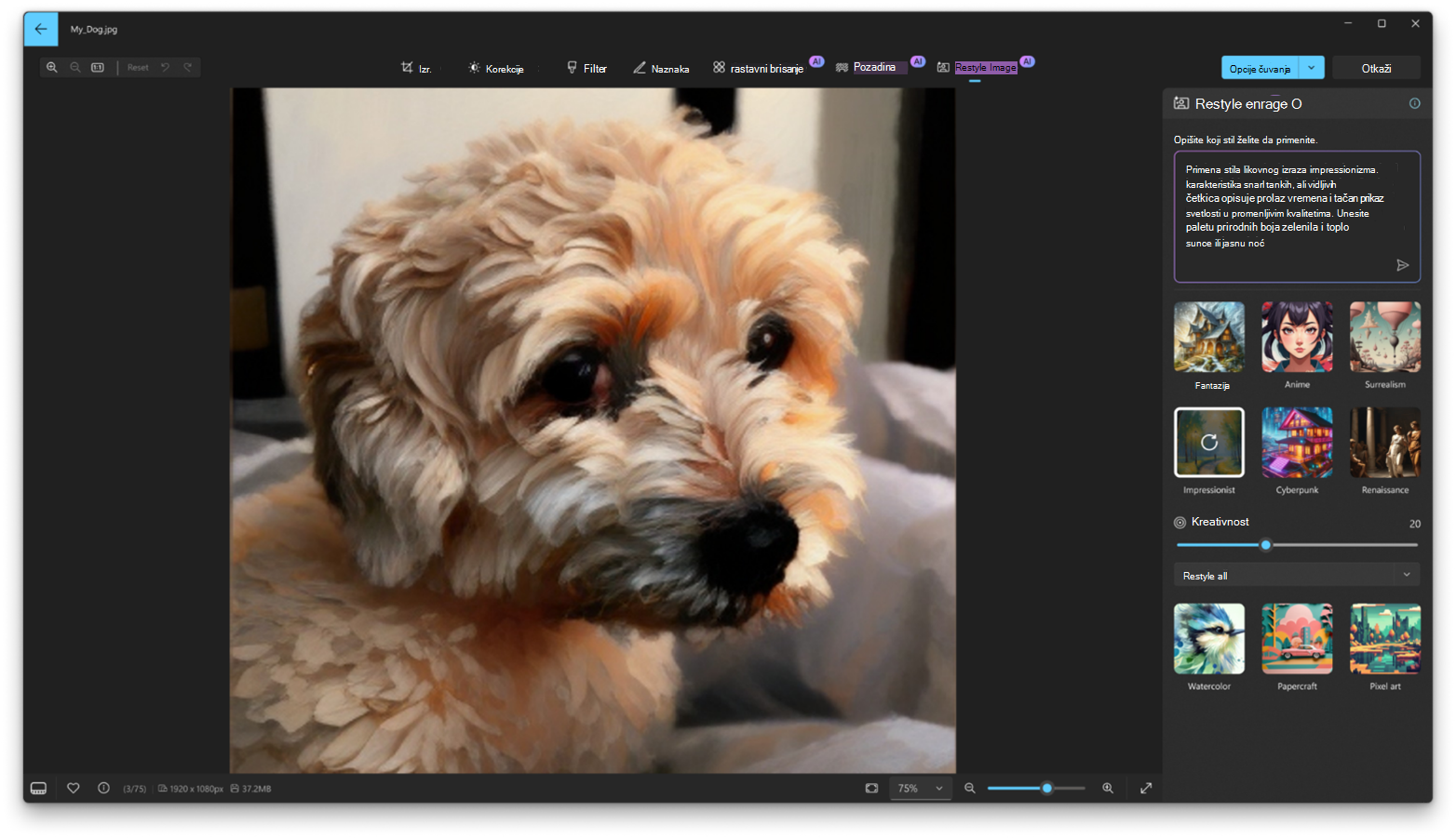 Snimak ekrana aplikacije "Windows fotografije" sa opcijom "Restyle Image" otvorenom u aplikaciji