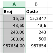 primer prikazivanja brojeva u različitim formatima poput formata „Broj“ i „Opšti“.