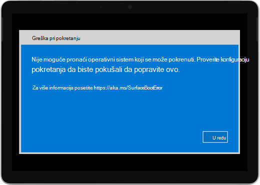 Plavi ekran sa naslovom "Greška pri pokretanju" i poruka koja kaže da proverite konfiguraciju pokretanja.