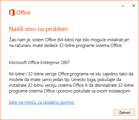 Ne smete da mešate 32-bitne i 64-bitne verzije sistema Office