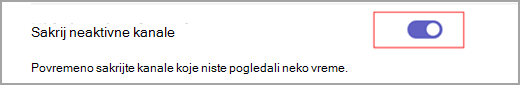 Snimak ekrana plavog preklopnog prekidača sa belim unutrašnjim krugom postavljenim na uključen pored teksta koji glasi "Sakrij neaktivne kanale".