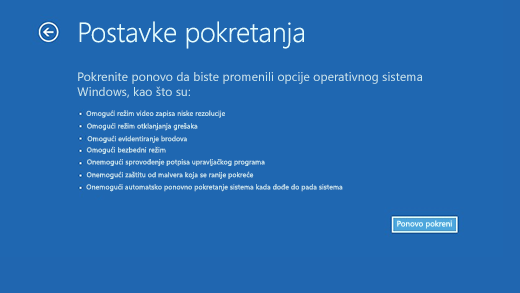Početni ekran Postavke ekranu u okruženju Windows oporavka.