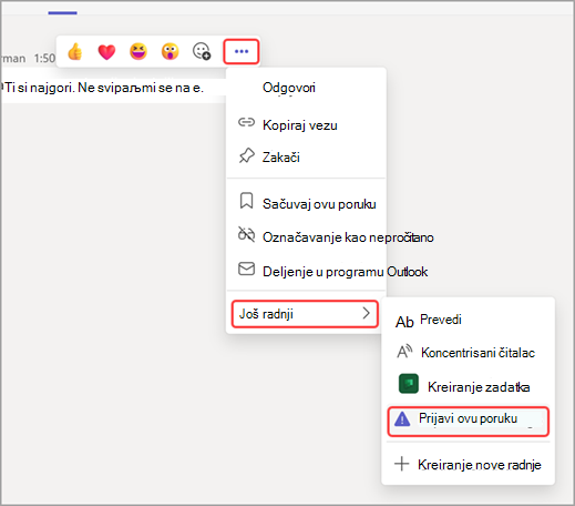 Screenshot showing how to navigate to report message option