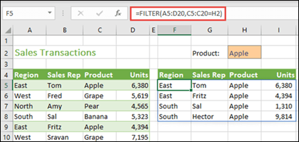 Funkcija FILTER u programu Excel za veb