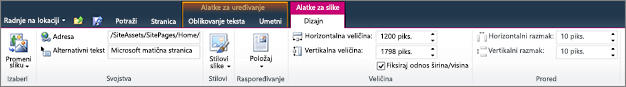 Kartica "Alatke za slike" vam omogućava da postavite veličinu, stil, položaj i alternativni tekst na slikama.