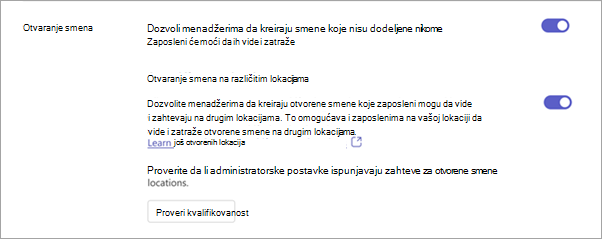 Snimak ekrana otvorenih opcija smena u postavkama za smene.