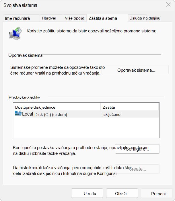 Snimak ekrana postavki zaštite sistema.