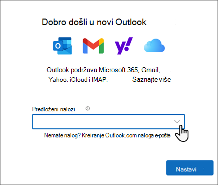 Snimak ekrana dobrodošlice u programu Outlook
