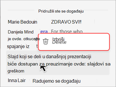 Snimak ekrana koji prikazuje kako da izbrišete poruku iz ćaskanja u gradskoj skupštini.