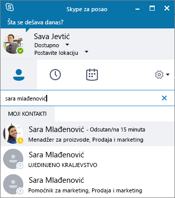 Snimak ekrana prozora programa Skype za posao tokom traženja kontakta za dodavanje.