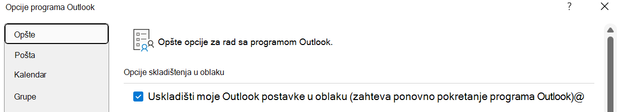 "Uskladišti moje Outlook postavke u oblaku (zahteva ponovno pokretanje programa Outlook)" trebalo bi da bude omogućeno ako korisnik želi da uveze svoje postavke u novi Outlook za Windows