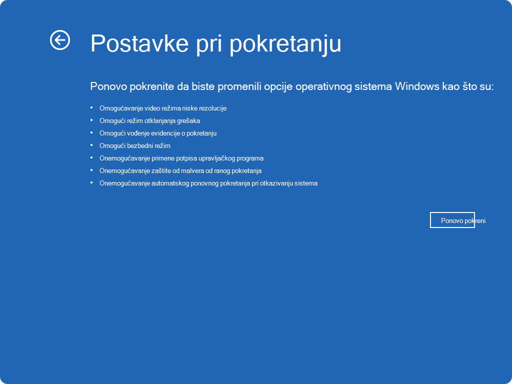 Snimak ekrana operativnog sistema Windows RE – postavke pokretanja.