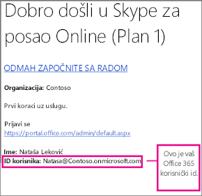 Primer e-poruke dobrodošlice koju ste primili pošto ste se upisali za Skype za posao Online. On sadrži vaš Office 365 korisnički ID.