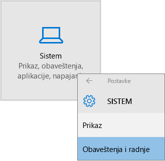 Windows postavke, odaberite stavku sistem, a zatim obaveštenja & radnje