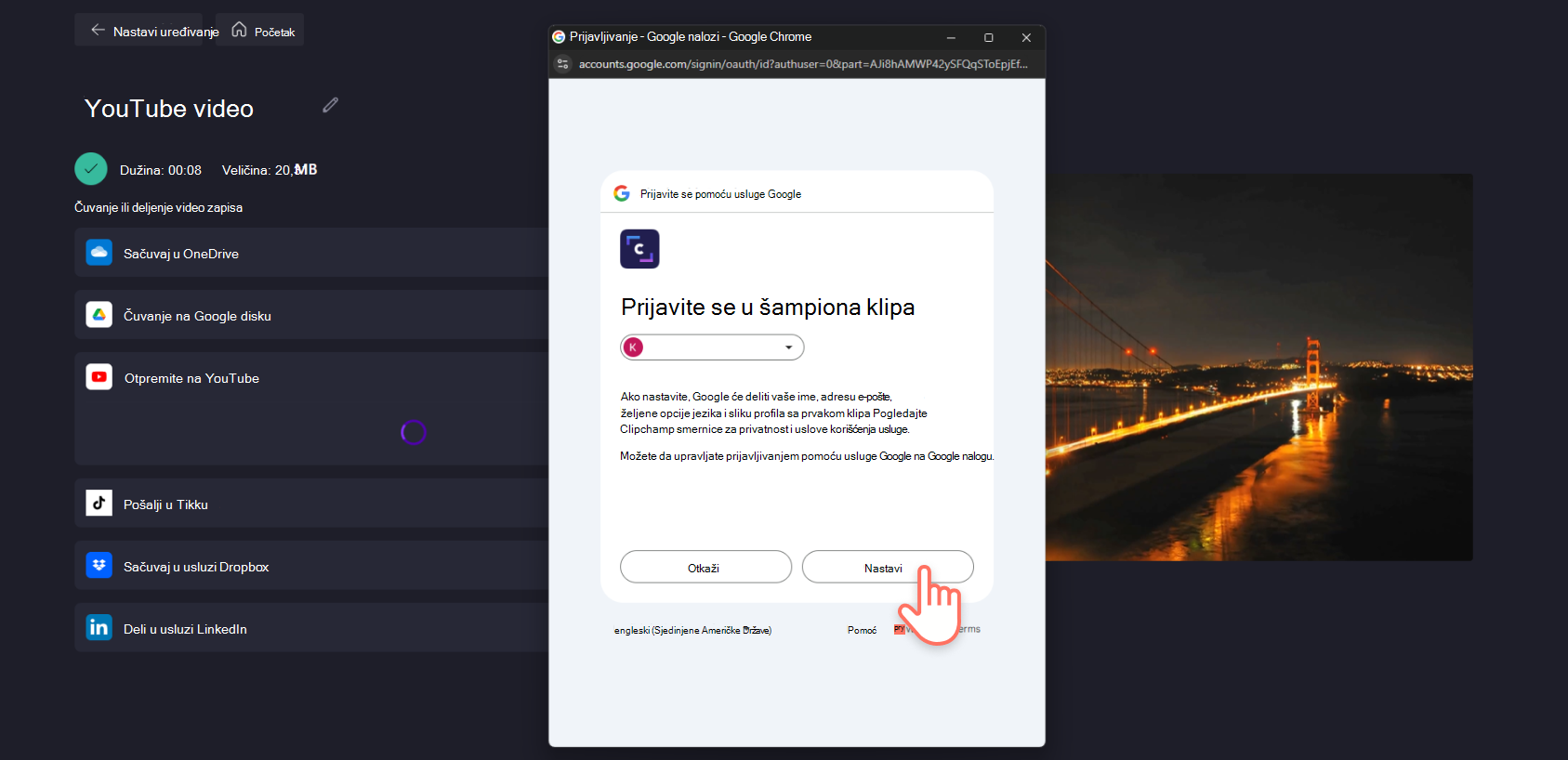 Snimak ekrana korisnika Clipchamp koji se prijavljuje u Clipchamp putem iskačućeg prozora YouTube.