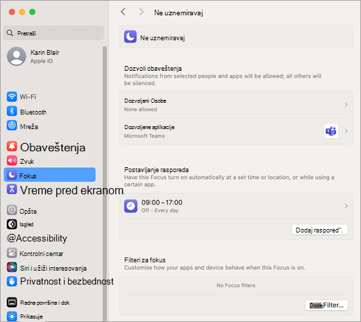 Postavke sistema Mac za vreme fokusiranja i Ne uznemiravaj obaveštenja