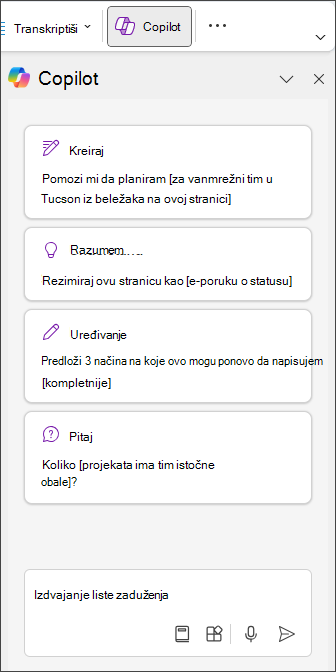 Otkucajte "Izdvoj listu zaduženja" u copilot oknu u programu OneNote