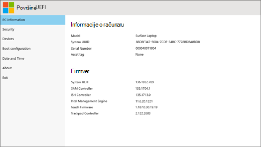 Ekran sa informacijama o računaru Surface UEFI