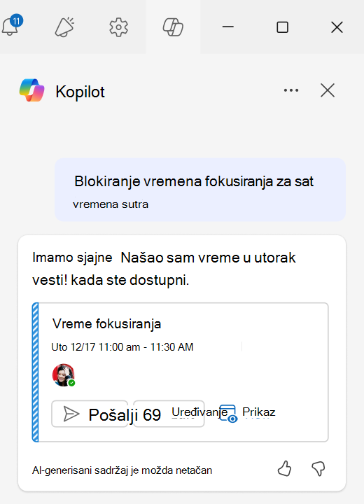 Snimak ekrana načina korišćenja blokova fokusa sa planiranjem pomoći za ćaskanje u programu Outlook.