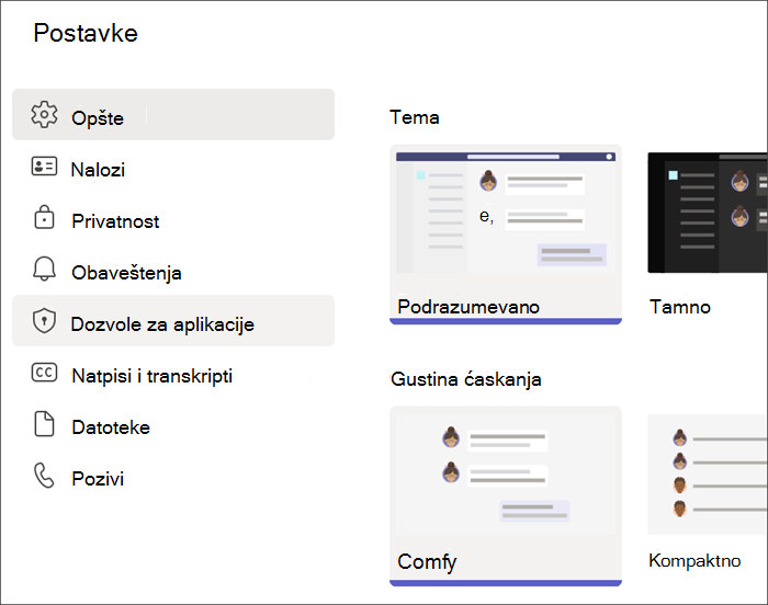 Snimak ekrana Teams postavki sa studentskog profila. Dozvole za aplikacije su markirane.