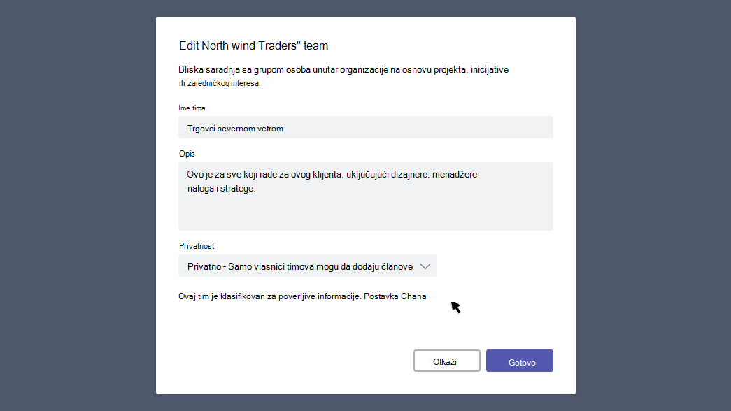 Edit team dialog box
