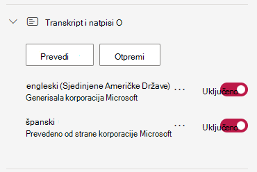 Korisnički interfejs koji prikazuje dobijeni preveden transkript